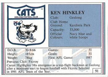 1992 AFL Regina #91 Ken Hinkley Back